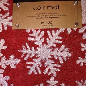 Red and White Coir Door Floor Mat with Snowflake Design